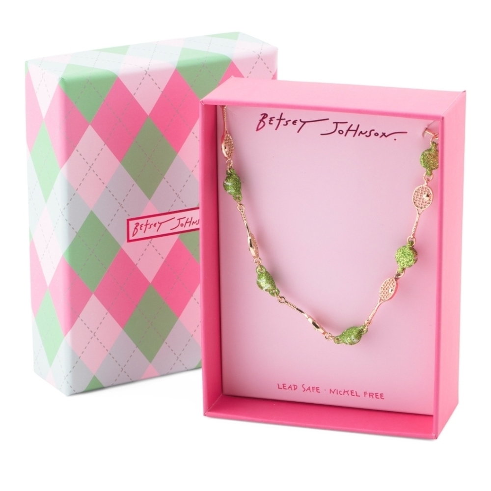 🎾🔹️Betsey Johnson 🔹️gold Plated Pink/Green Tennis Racquet 16in Necklace - Picture 1 of 4